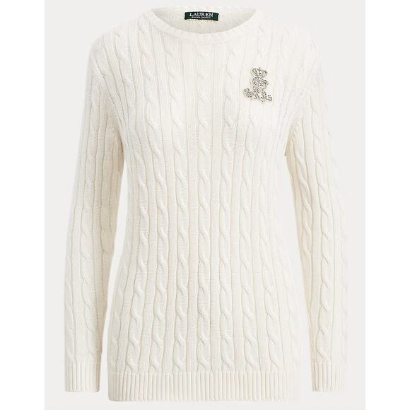 Lauren Ralph Lauren Crest Cable Knit Sweater Rhinestone Crest Logo Size Small - Picture 1 of 8